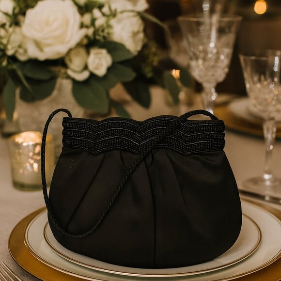 Vintage Almondo Black Evening Bag Beaded Trim Ruched Formal Clutch Purse EUC - Picture 8 of 8